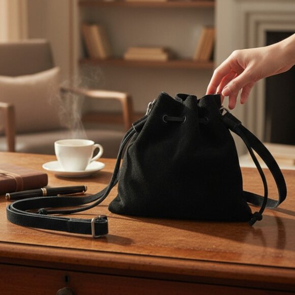 Free People Billie True Black Suede Drawstring Cross Body Slouchy Medicine Style - Picture 3 of 10